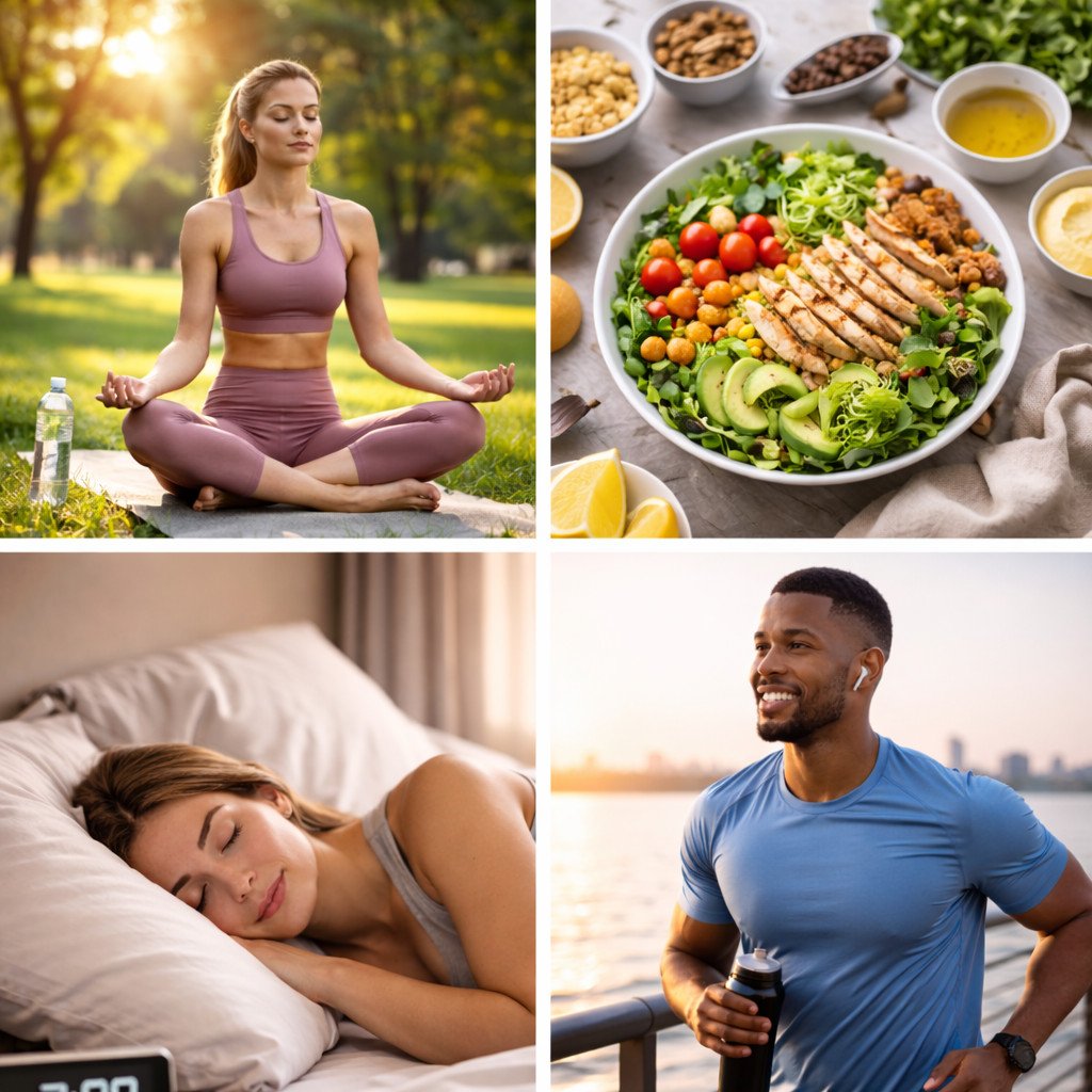 Pessoa praticando autocuidado em um ambiente tranquilo, meditando com um diário e uma xícara de chá.