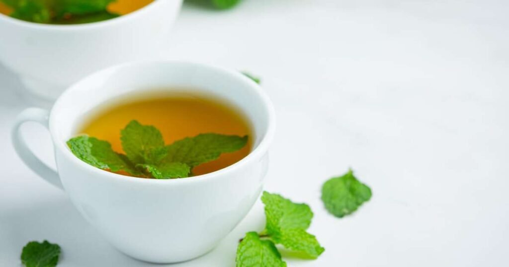 Xícara de chá de hortelã fresca com folhas ao redor