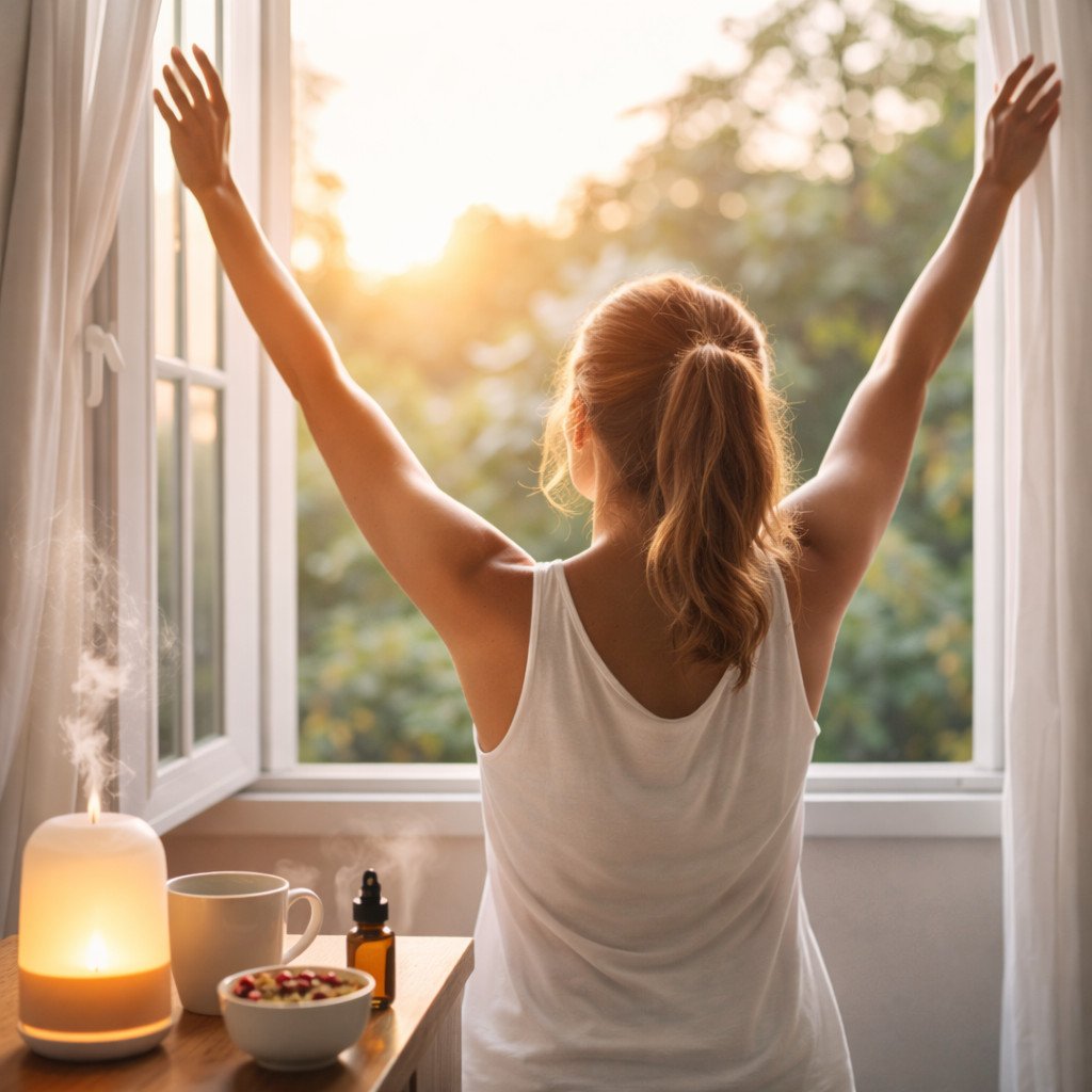 Uma pessoa praticando meditação ao amanhecer em um ambiente natural