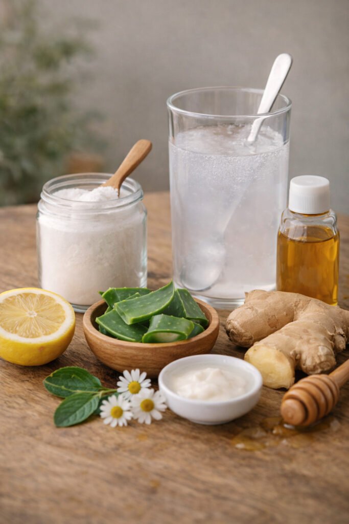 Copo de água com limão, chá de camomila, gengibre e bicarbonato de sódio, ingredientes caseiros eficazes para aliviar a azia