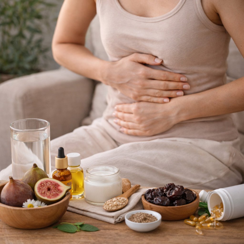 Mulher saudável consumindo frutas e vegetais ricos em fibras, representando dicas naturais para aliviar a prisão de ventre.