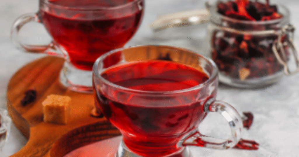Chá de hibisco servido em uma xícara com flores de hibisco ao fundo