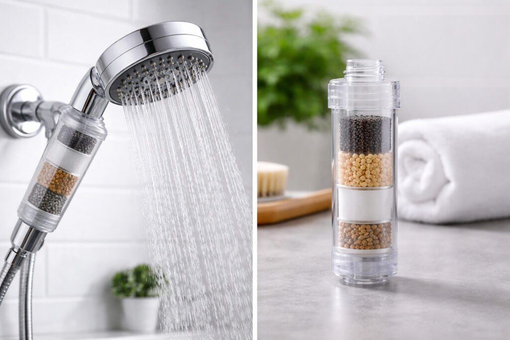 Filtro de chuveiro instalado e água filtrada