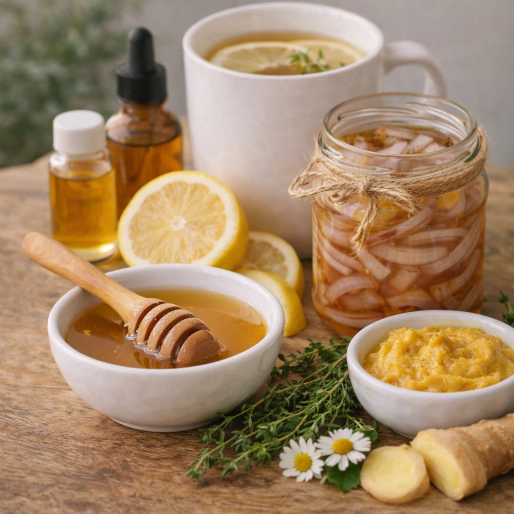 Remédios naturais para aliviar a tosse seca e produtiva, incluindo mel, gengibre e tomilho