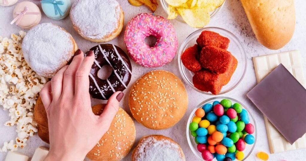 Imagem ilustrativa de alimentos ultraprocessados como salgadinhos, refrigerantes e fast food