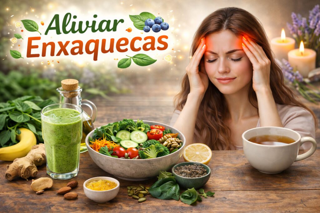 Prato saudável com alimentos naturais que ajudam a aliviar enxaquecas.