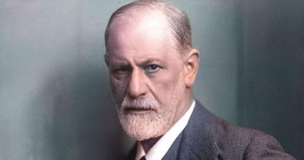 Representação visual de Freud com elementos que simbolizam a psicanálise e a crise social