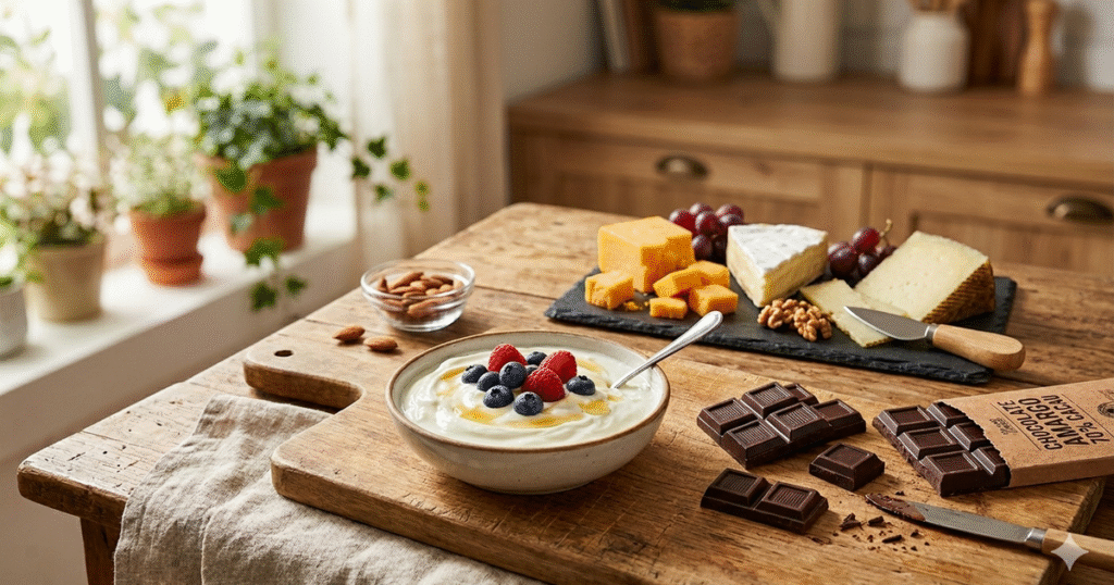 Iogurte, queijo e chocolate em uma mesa, representando alimentos que podem ajudar na longevidade.