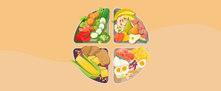 Prato colorido com frutas, legumes e grãos, simbolizando uma alimentação saudável e equilibrada.