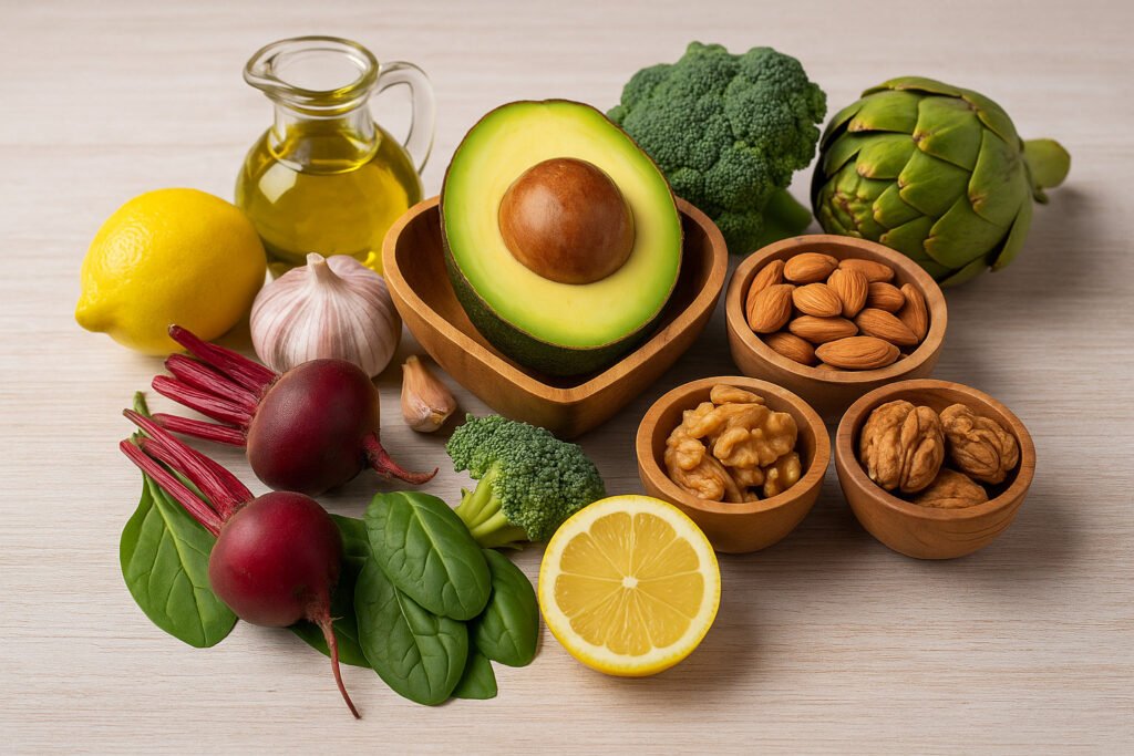 Alimentos saudáveis para limpar o fígado, incluindo alho, beterraba, brócolis, limão, chá verde, azeite e abacate.