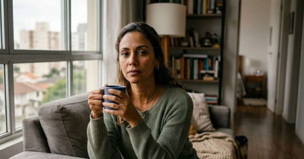 Pessoa desfrutando da solitude em um ambiente tranquilo, com uma xícara de café e um livro
