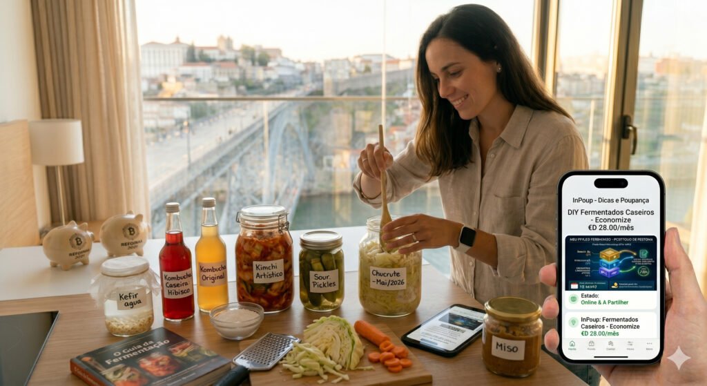 Variedade de fermentados caseiros como kefir, chucrute, kombucha e picles dispostos sobre uma mesa.