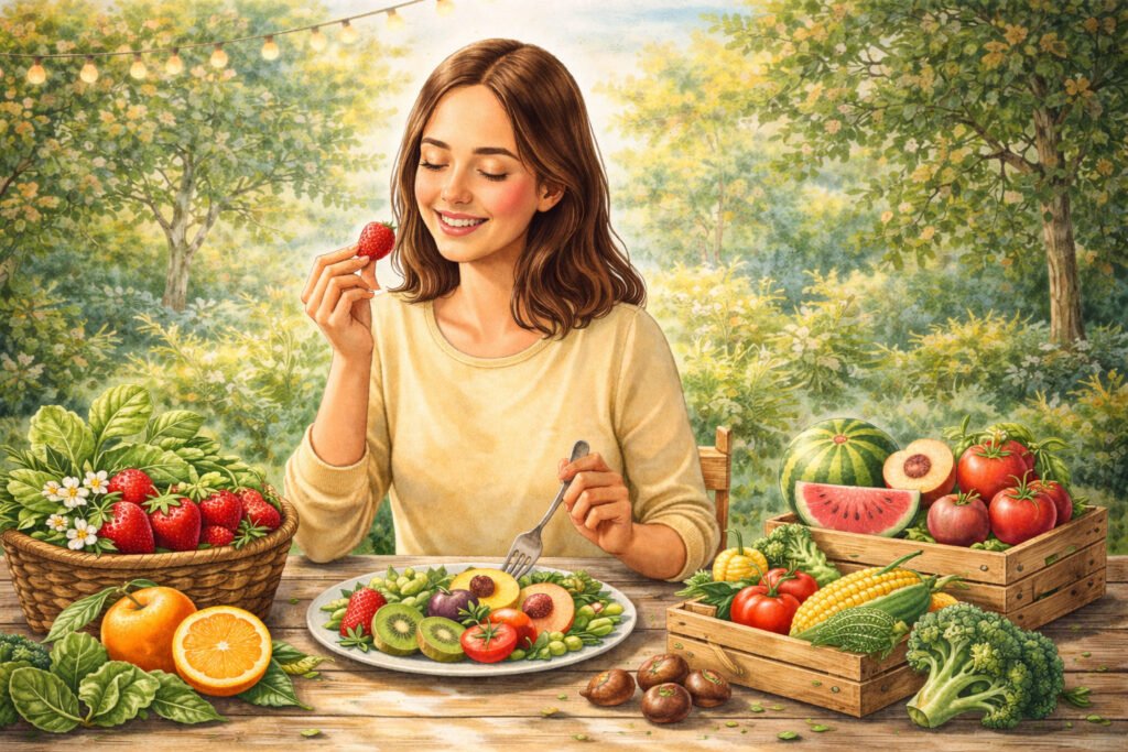 Frutas e legumes frescos da época, incluindo laranjas, tomates e morangos