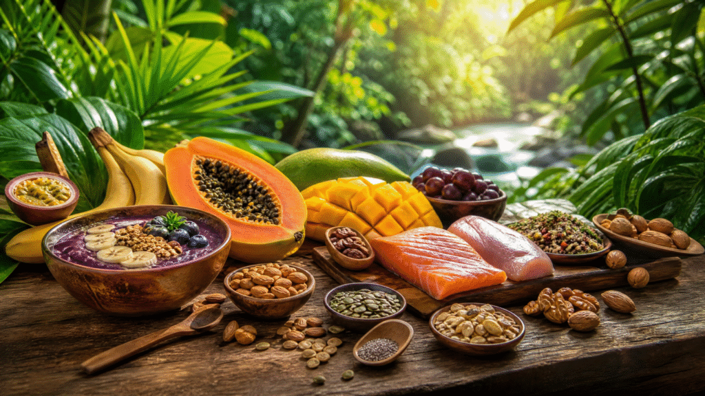 Prato saudável com alimentos naturais da dieta da selva, incluindo frutas, legumes e proteínas magras