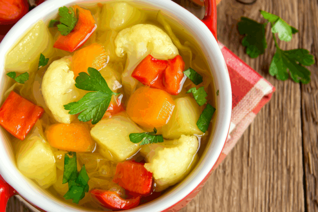 Prato colorido de sopas saudáveis e nutritivas, incluindo sopa de lentilha, feijão-branco e abóbora, ideal para emagrecimento