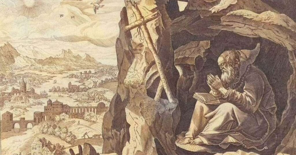 Ilustração de um monge medieval refletindo sobre o estresse e o burnout na Idade Média.