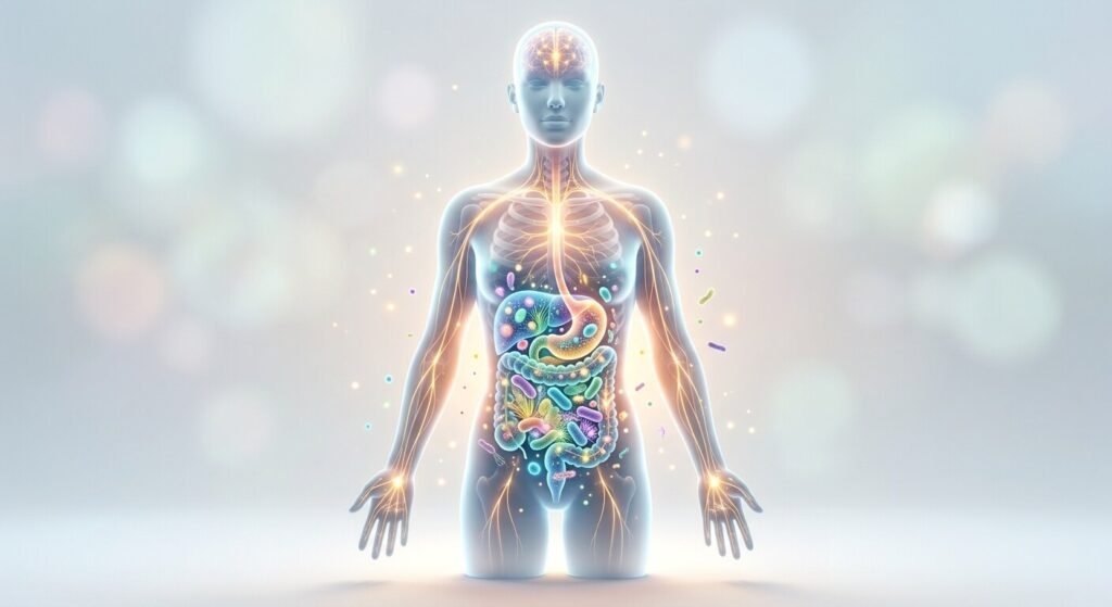 Ilustração da flora intestinal saudável com microrganismos e alimentos benéficos