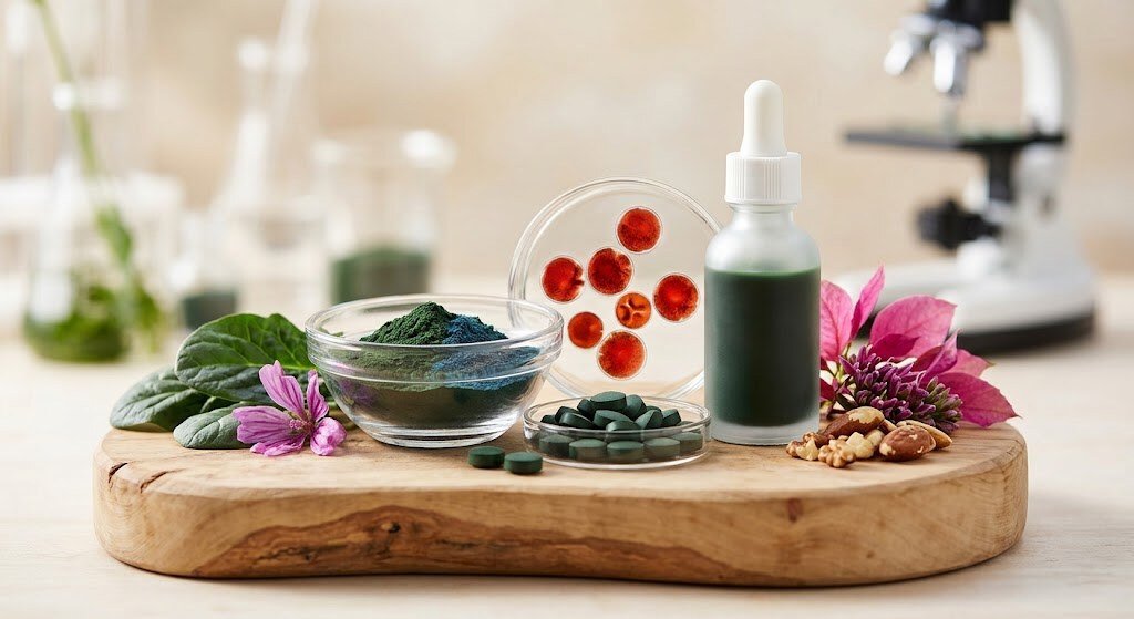 Microalgas adaptógenas em uma superfície aquática, representando seus benefícios para a saúde hormonal.