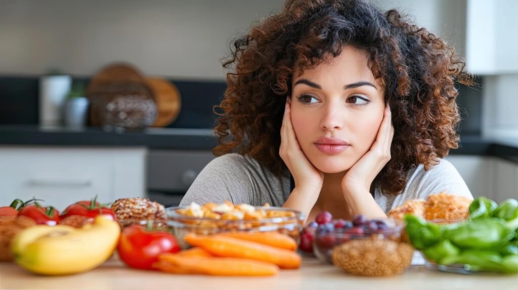 Prato saudável com alimentos anti-inflamatórios para endometriose, incluindo vegetais, frutas e fontes de proteína.