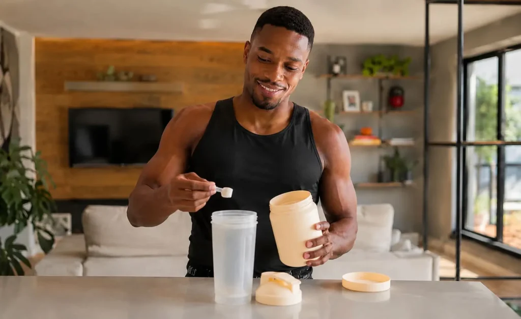 Pessoa segurando um frasco de creatina com um smoothie proteinado ao fundo
