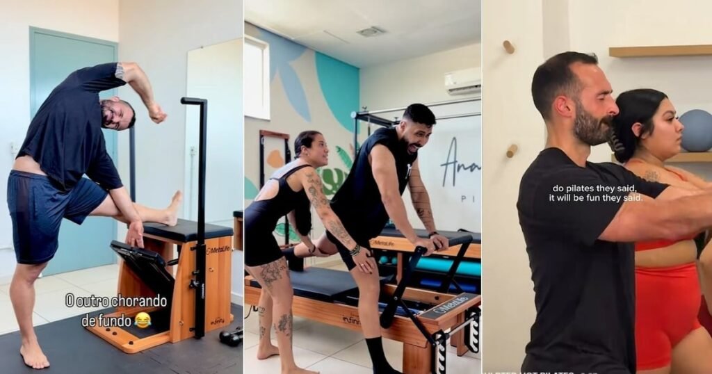 Homens praticando pilates em uma aula, demonstrando esforço e concentração