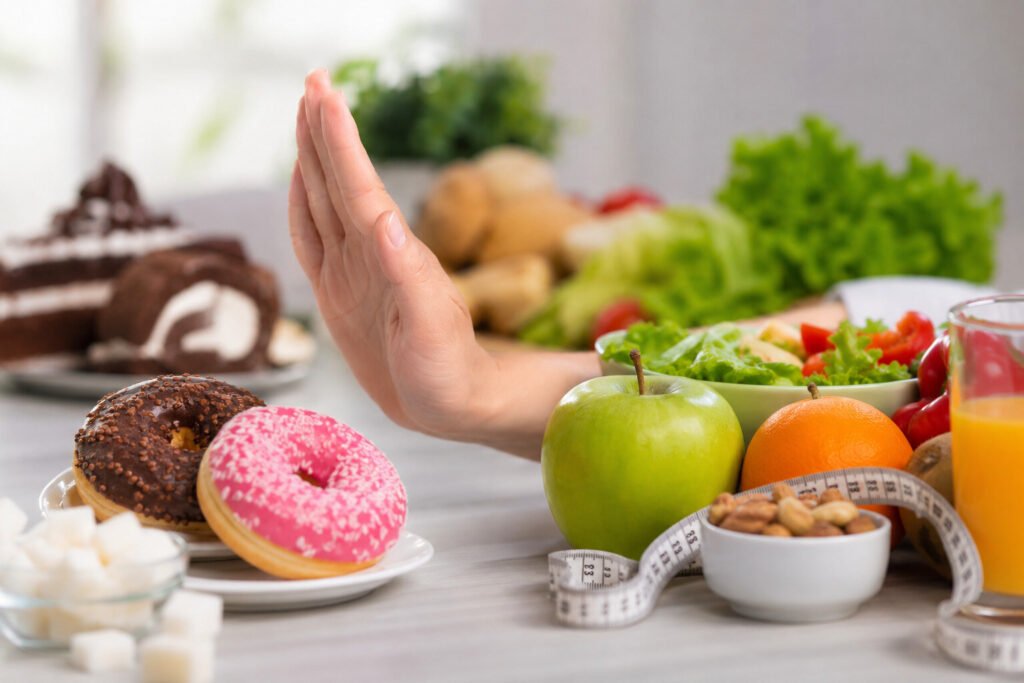 Imagem representativa de alimentos saudáveis, como frutas e legumes, com destaque para a redução do consumo de açúcar.