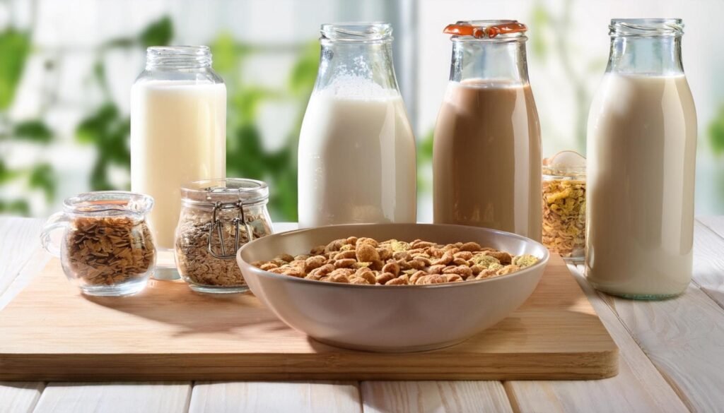 Prato colorido com alimentos sem glúten e sem lactose, incluindo vegetais, grãos e proteínas