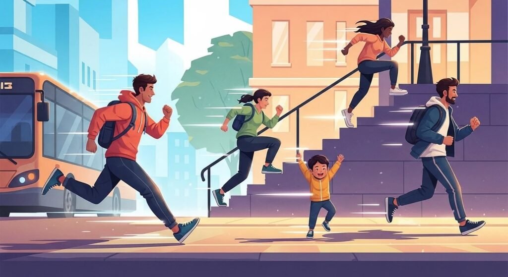 Pessoa realizando exercício intenso, como correr ou subir escadas, representando a saúde ativa.