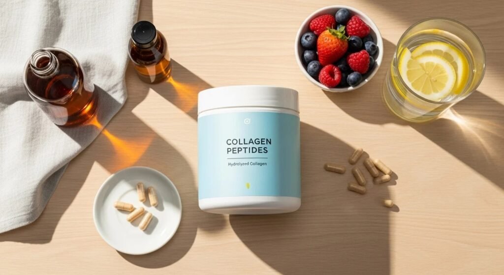 Suplementos de colágeno em frascos com destaque para a saúde da pele e articulações